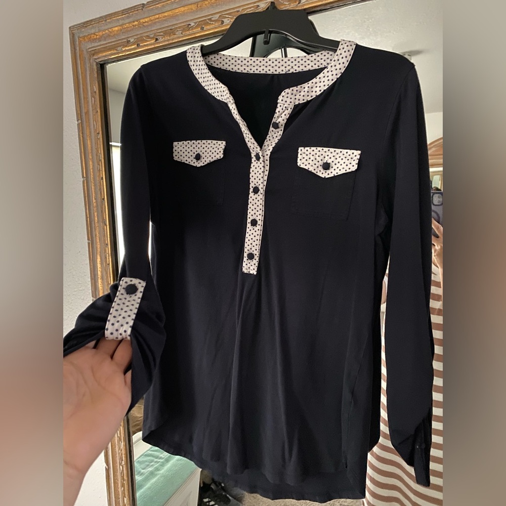 Black Long-Sleeve Henley Top with White Polka Dot Trim